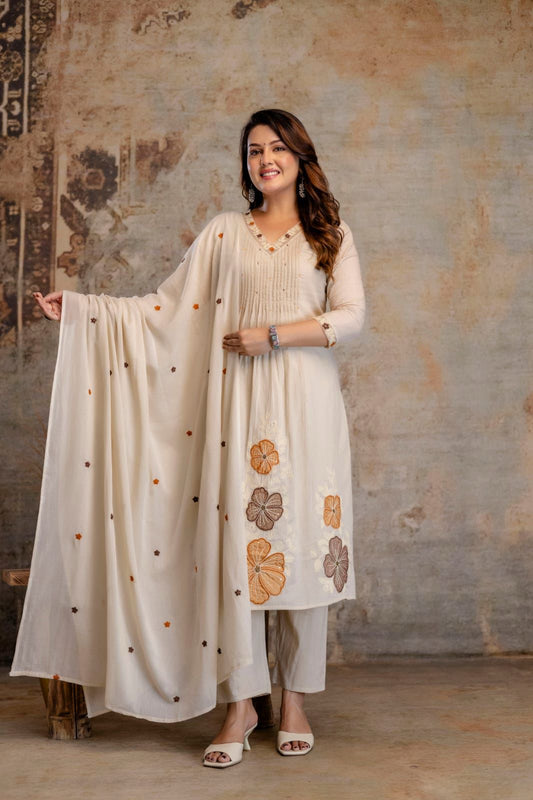 Classic White Hand Block Printed Cotton Kurta Set (3 Pcs)