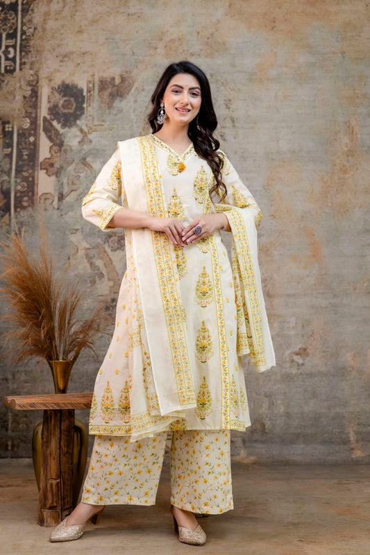 Pearl White Hand Block Printed Cotton Kurta Set (3 Pcs)